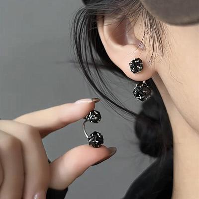 Black Zircon Two Wearing S925 Silver Needle Stud Earrings Niche Light Luxury Earrings Tide Earrings