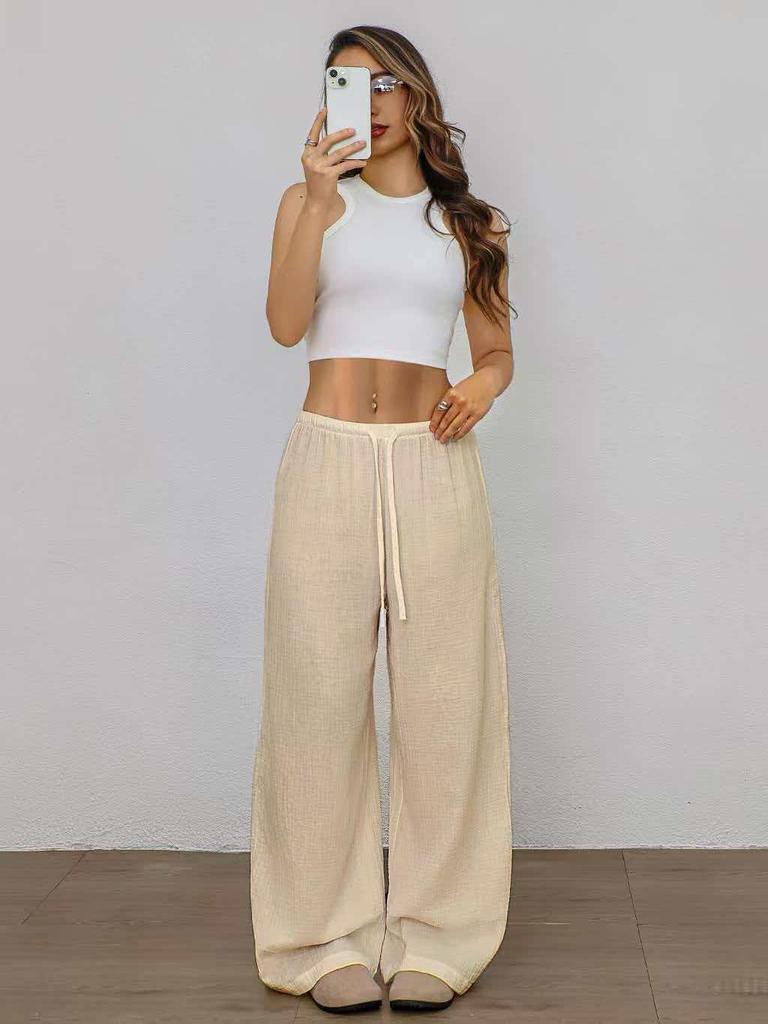 2026 Women's Pure Cotton Loose Solid Color Elastic Waist Wide-Leg Casual Pants