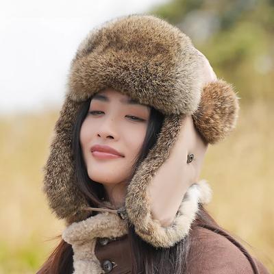 Шапка Жіноча Зимова Нова Кролячий Хутро Тепла Потовщена Захист Вух Для Катання На Відкритому Повітрі Вітрозахисна та Морозостійка Шапка Лей Фенг