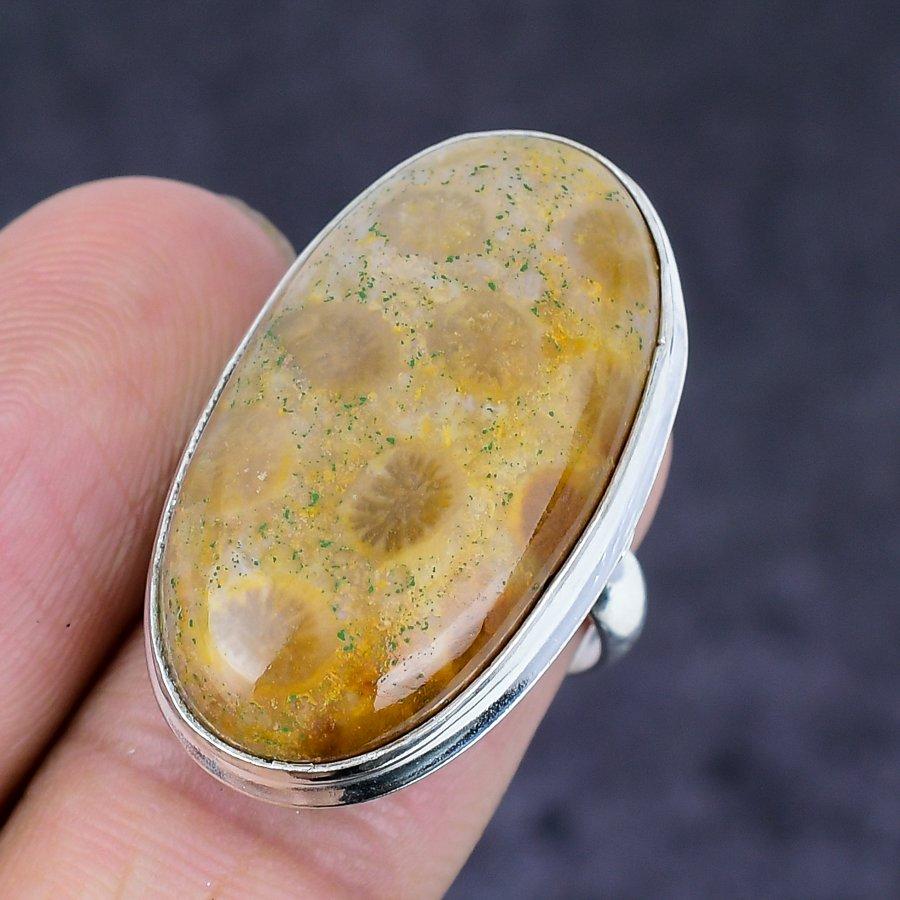 Fossil Coral Gemstone Handmade 925 Sterling Silver Jewelry Ring Size 7 u6O75