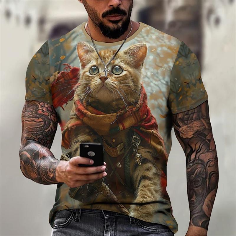 3D Printed Magical Poster Wizard Cat T Shirt For Men Funny Cute Animal Pattern T-Shirts Summer Short Sleeve Round Neck Tops Tees XXS