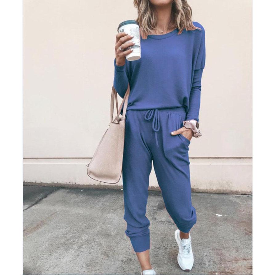 Lässige Sportsets für Damen 2-teilig Einfarbig Rundhals T-Shirt Unterhemd Lässige Mode Hosen Set