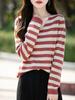 2025 Autumn Women's Striped V-Neck Long Sleeve Loose Knitted Sweater Pullover - French Design