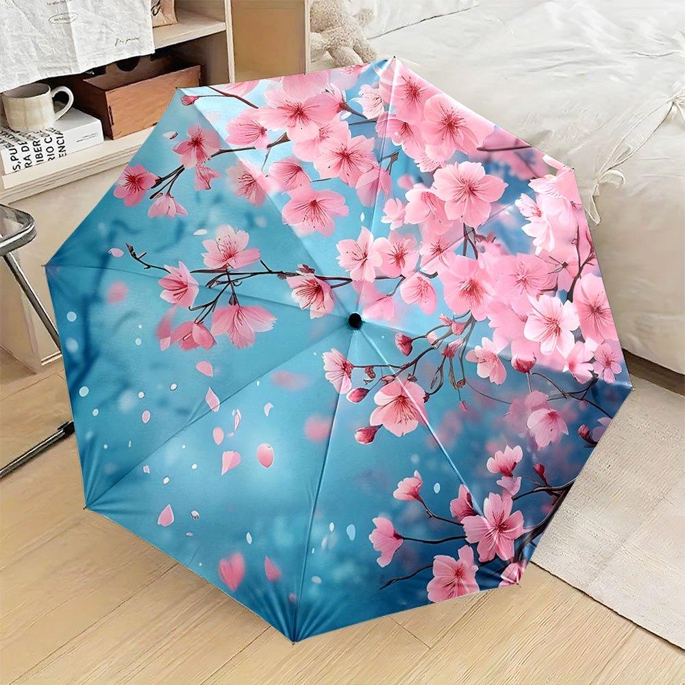 

Automatic Open/Close Folding Umbrella with Cherry Blossom Floral Design - Pink Sakura & Blue Background, 8-Rib Compact Travel (as the picture,iron&8K)