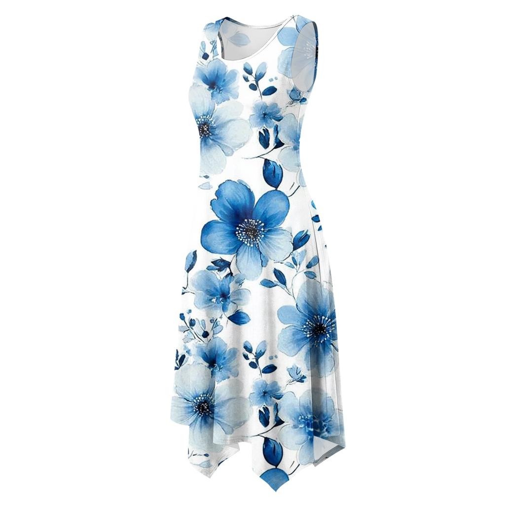 Women's Casual Sleeveless Floral Print Dress with Round Neck and Asymmetrical Hem Mid-Length Summer Dress for Daily Wear