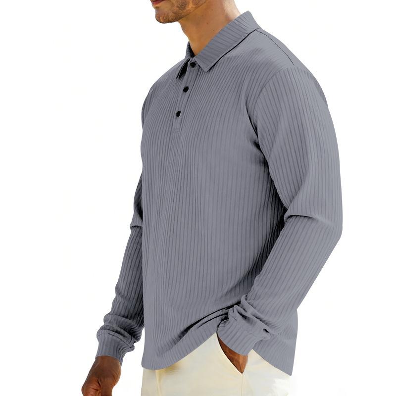 Mens Loose Turn Down Collar Long Sleeve Casual Business Solid Polo Shirt