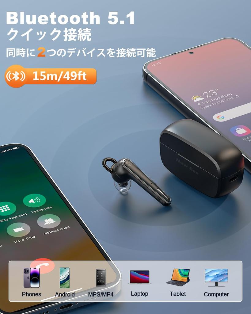 New Bee Bluetooth headset, Jedno ucho, Hovor hands-free, Oboustranný, Potlačení hluku, Vestavěný mikrofon, Funkce ztlumení, Simultánní