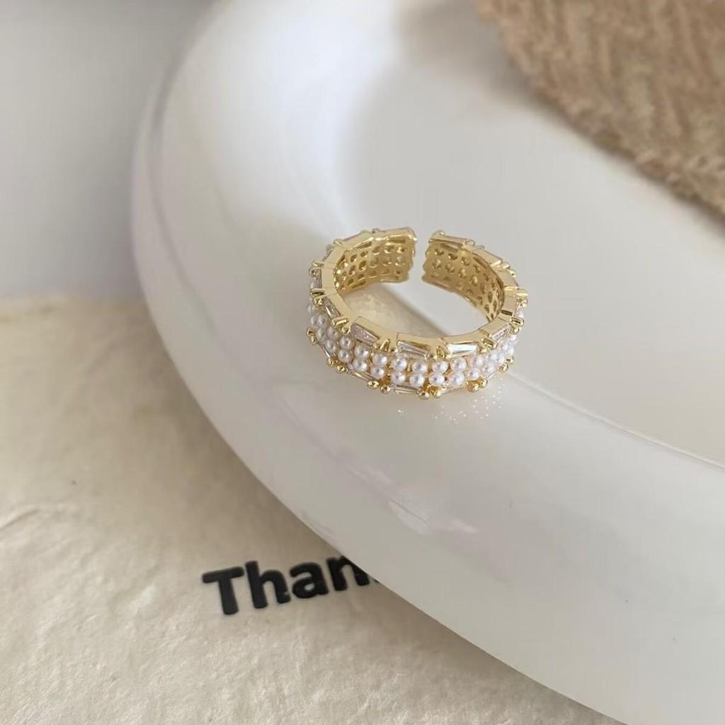 Elegant French Zircon Pearl Knotted Open Ring: Exquisite, Versatile, Cool Style with Niche Design.