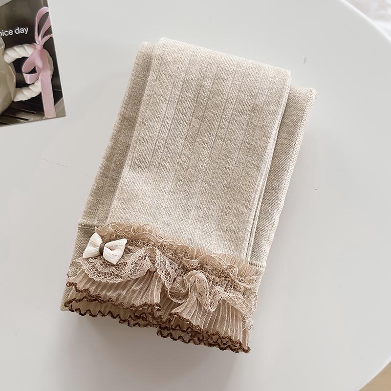 Girls' Brushed Cotton Leggings with Bow & Lace Trim - Autumn/Winter Fleece, Nine-Point Length