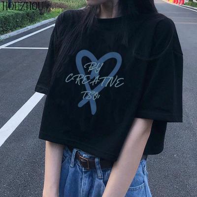 HOUZHOU Crop T-shirt Women Print Loose Short Sleeve Summer Navel Ins Sexy Chic Casual Oversized Trend