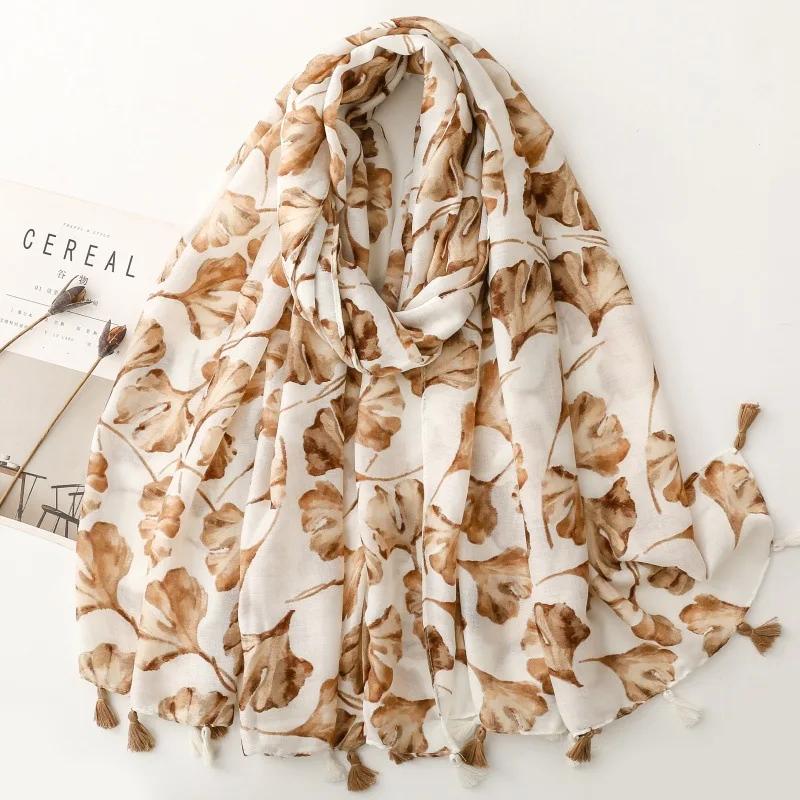 

Big Size 88*180Cm Maple Leaf Print Women Viscose Scarf Soft Shawl Tassel Hijab Wrap Pashmina Soft Bufanda Scarves 88x180cm
