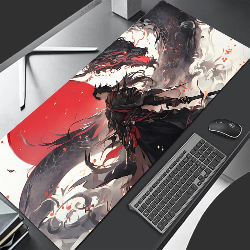 Mond Samurai Wolf Mauspads PC Cool Roter Anime Junge Tastaturteppich Gamer Schrank Mauspads Laptop Schwarz und Weiß Erweiterte Schreibtischmatte