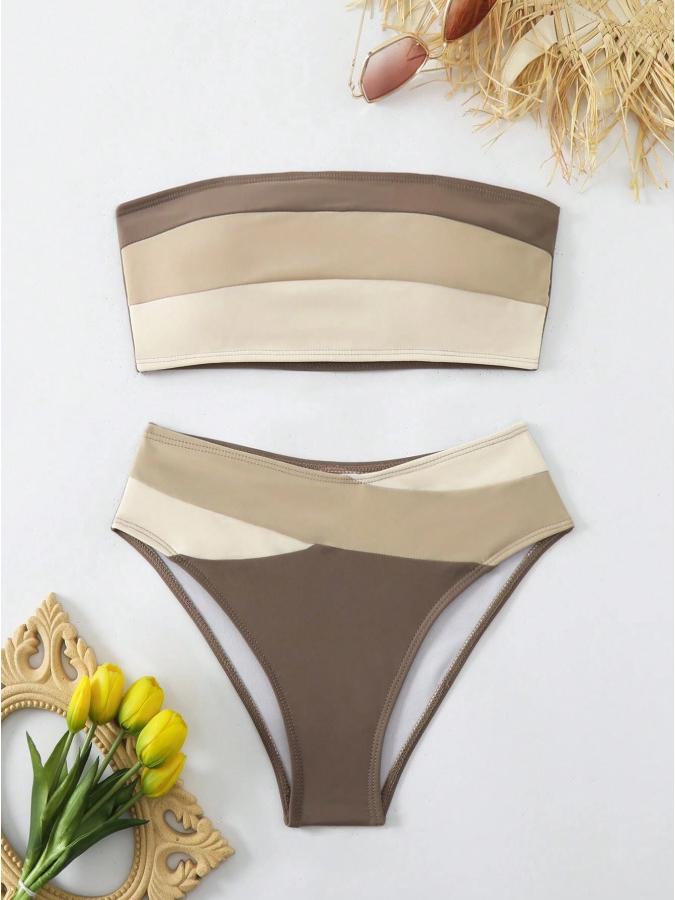 

2026 European & American Color Block Bandeau Bikini Swimwear for Women Medium