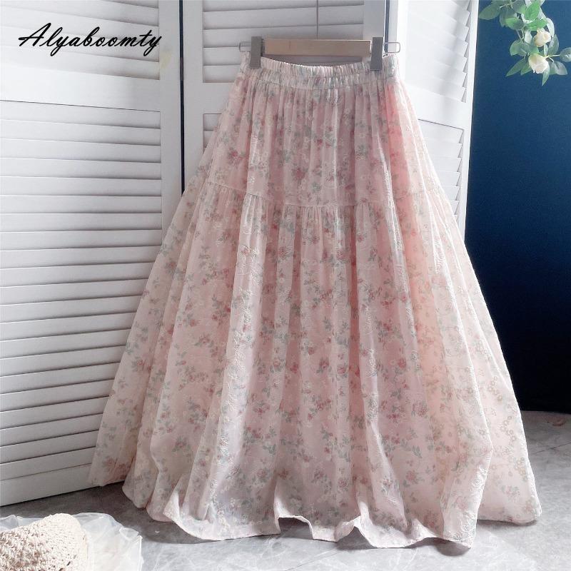 Japanese Mori Girl Spring Summer Women Pink Skirt Elastic Waist Floral Embroidery Sweet Skirt Vintage Delicate Cotton Skirts Womens
