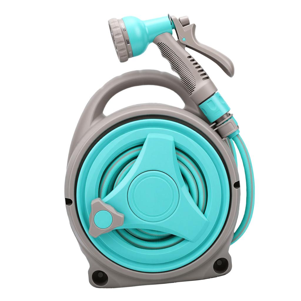 15M Portable Garden Hose Reel with Nozzle Handheld Water Hose Holder Reel for Outdoor Watering Green