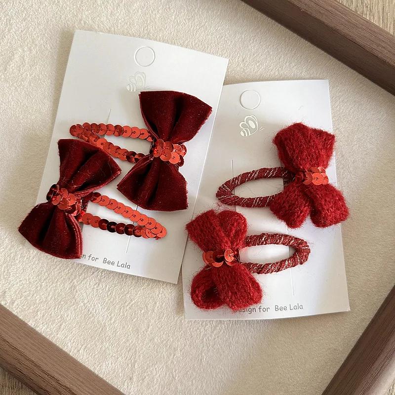 2pcs/set Red Color Baby Hair Clips New Year Christmas Series Bow Belt Toddler's BB Clip Sweet Fashion Princess Hair Accessories