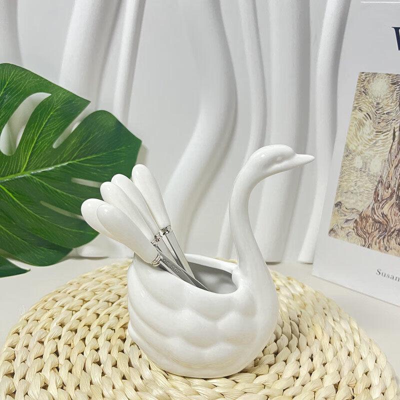Qīwēi Luxury Swan Fruit Fork Set with Ceramic Holder