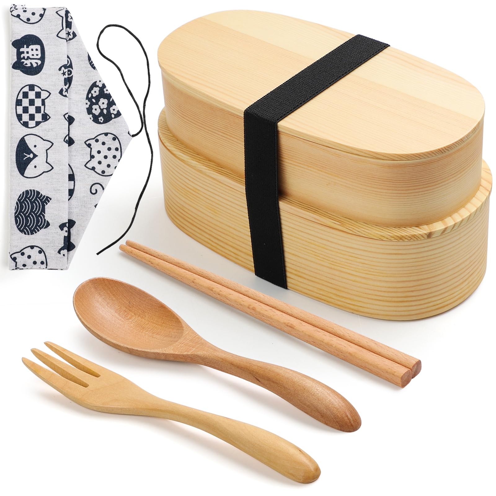 

Two-tiered bento box set made of natural cedar wood, handcrafted with a large 1000ml capacity. Includes spoon, chopsticks, fork, chopstick case, and b