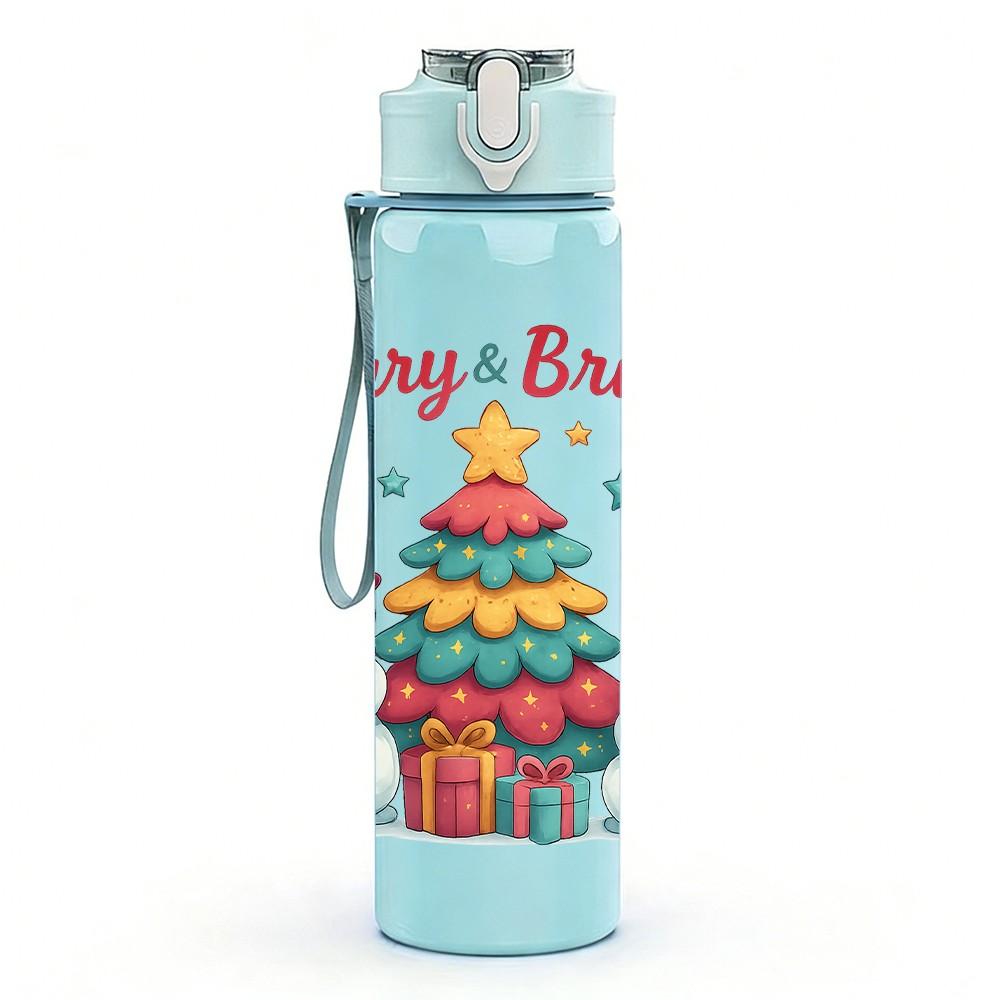 1PC Christmas Tree Santa Pattern 750ml Color Plastic Sports Water Bottle Leakproof Flip Straw Lid Suitable for Sports Office Home Use