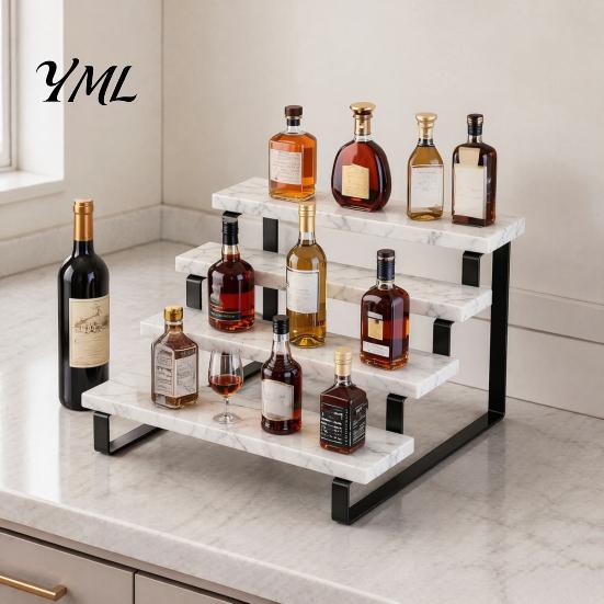 Countertop Bottle Display Holder Liquor Shelf, Coffee Syrup Rack Organizer, 3 Step Wine Collection Stand for Mini Bar Cabinet, Home Retro Shelf
