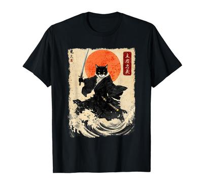 Japanische Samurai Katze Tuschekunst Bushi Japanische Kunst T-Shirt
