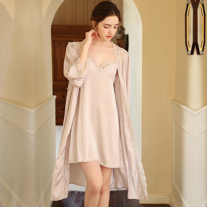 Sexy pajamas women's spring, autumn and summer new lace temptation pure desire wind French long nightgown nightgown two-piece set in stock