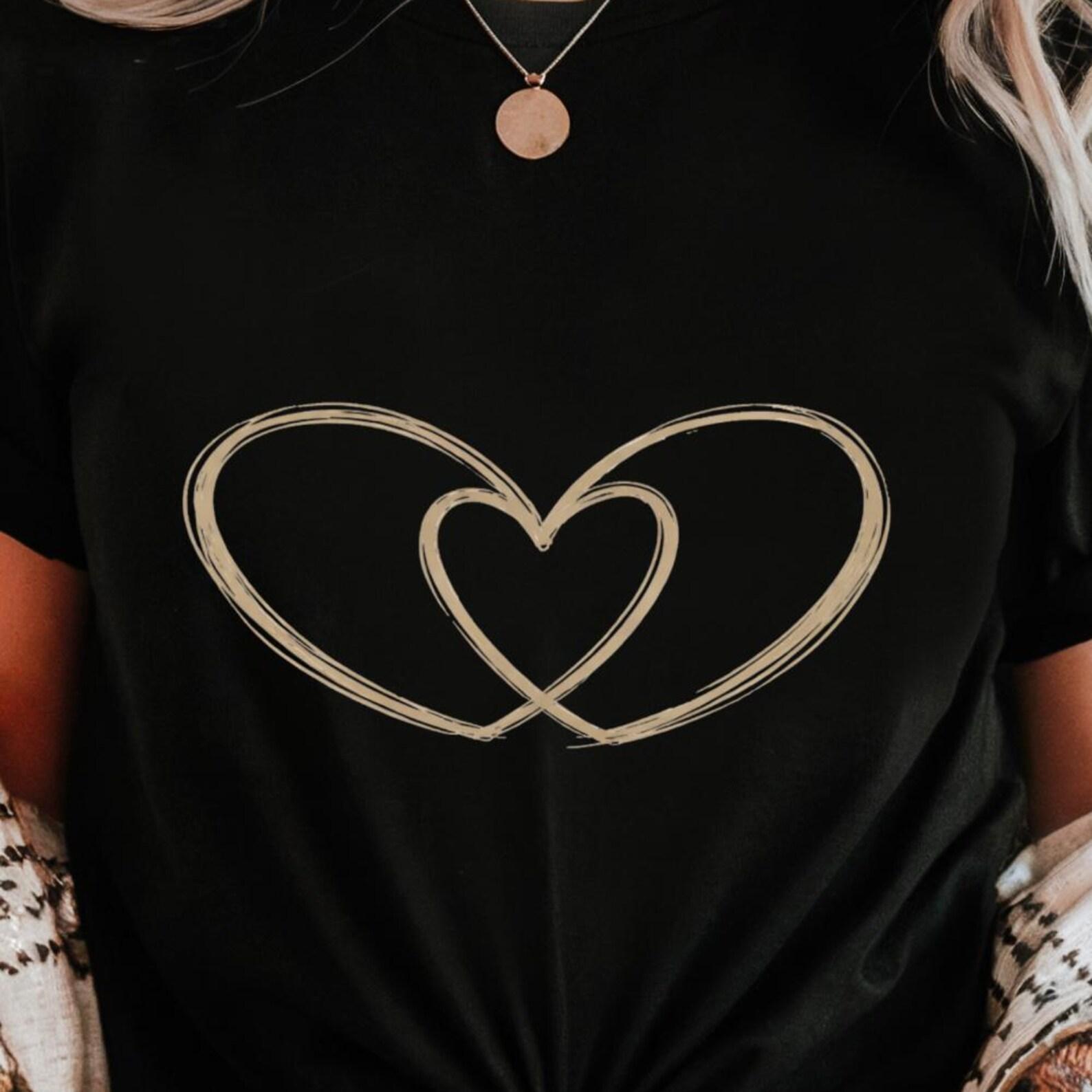 Double Heart Line Art Tee | Minimal Gold Heart Graphic S