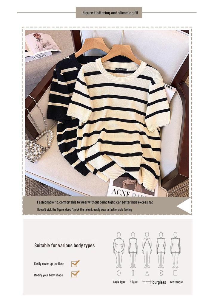 Plus Size Women's Summer Ice Silk Knit Slimming Short Sleeve Top