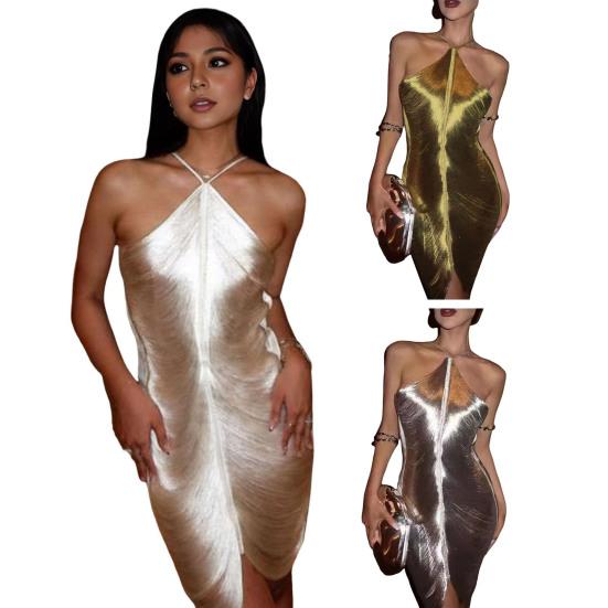 Women Party Dress Glossy Tassel Halter Neck Backless Sleeveless Split Hem Solid Color Slim Fit Off Shoulder Club Party Banquet Mini Dress