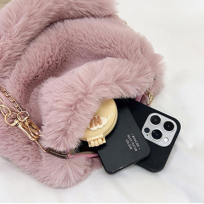 Simple Faux Fur Tote Bucket Bag Metal Chain Crossbody Bag For Women's Daily Casual Use Plush Bag Furry Purse
