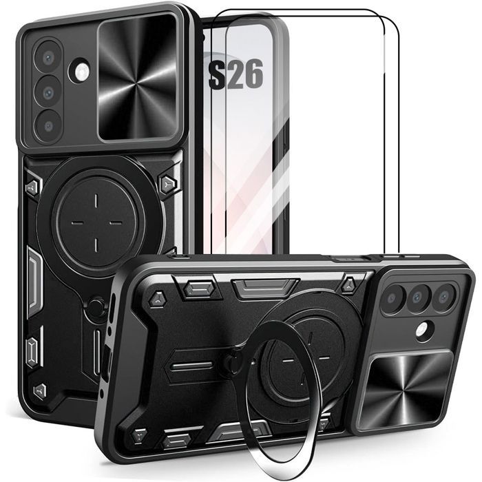 Coque pour Samsung Galaxy S26, avec Anneau Rotatif et Protection Caméra - Noir - 2 Verres Trempés