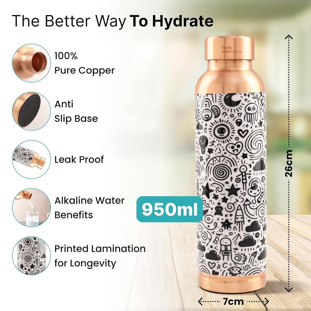 Copper Water Bottle 950ml | Designer Leakproof Eco-Friendly Immunity Boosting Non-Toxic BPA Free | Kids Drinkware & Storage