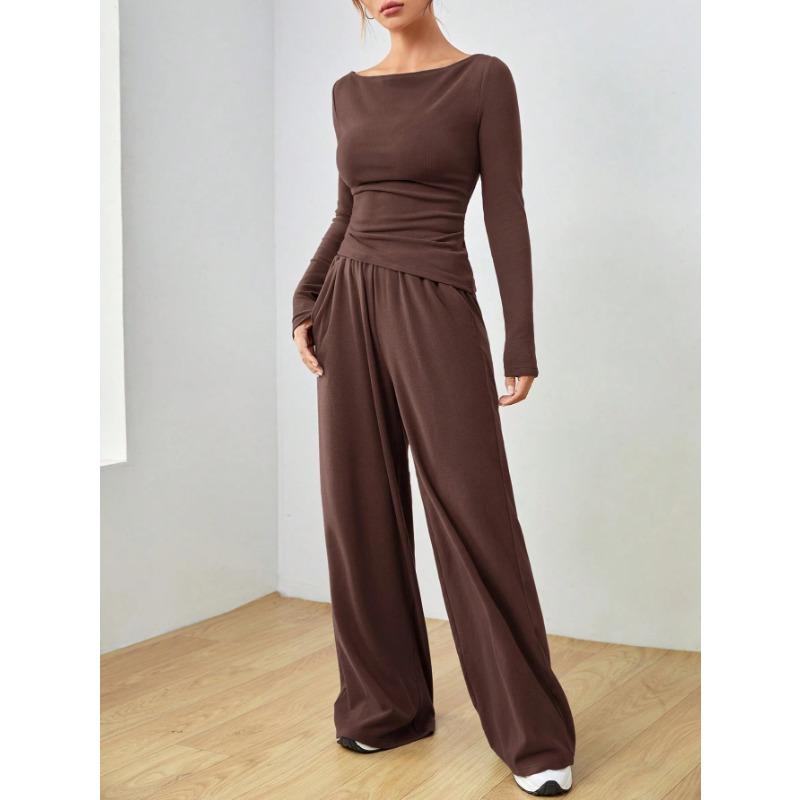 VEZFAA Women's Fashion Casual Spring Autumn Solid Color Print Long Sleeve O-Neck Trousers Pants Suits
