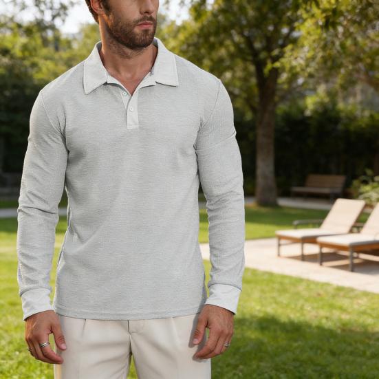 Men Waffle Golf Shirt Long Sleeve Turndown Collar Shirt Quarter Button Neck Casual Shirt for Vacation Office Party Date
