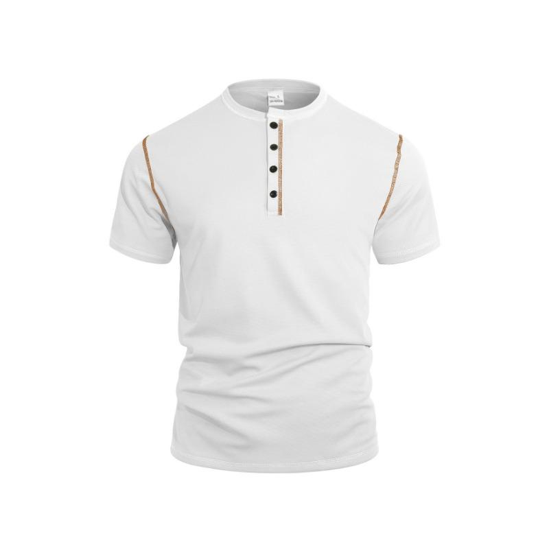 

Men s Contrast Stitch Henley T-Shirt - Textured Short Sleeve Button Placket Casual Top for Daily Wear S белый