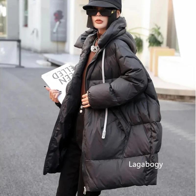 Lagabogy Mid-length Puffer Coat Casual Winter Women Loose Thick White Duck Down Jacket Female Solid Windproof Hooded Parkas