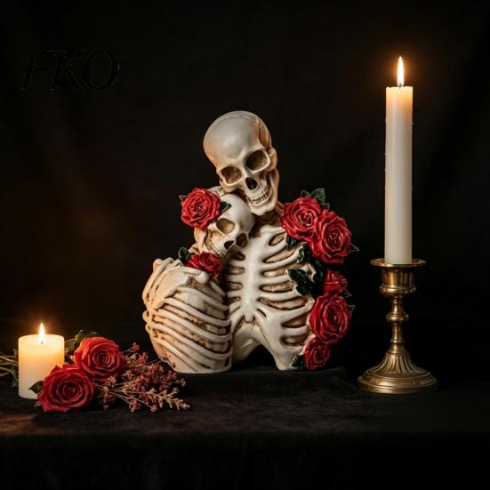 Gothic Skeleton Ornament Halloween Couple Resin Figurine, Vintage Skull Statue, Sculpture Holiday Party Home Decoration for Shelf Table Mantel