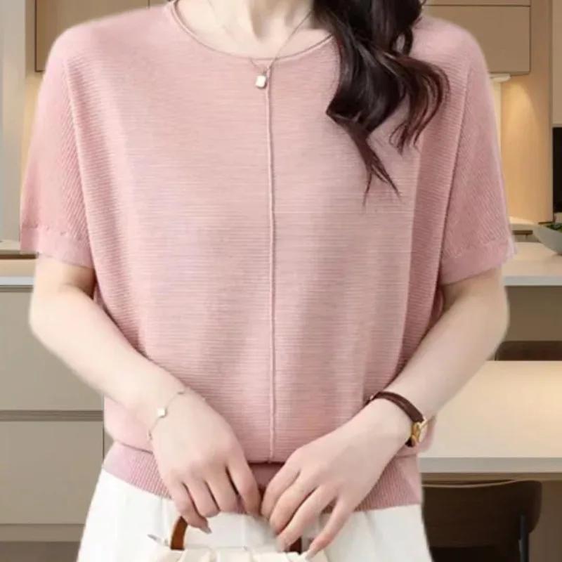 Women's Light Green Crew Neck Knit Top Short Sleeve Batwing Sleeve Casual Loose Blouse