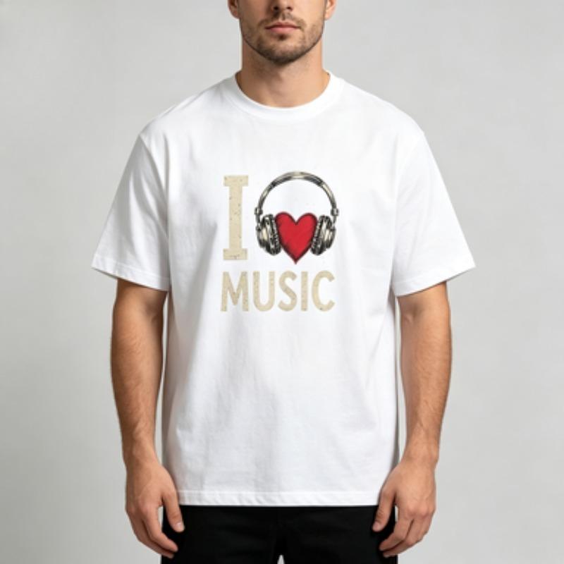 Retro Headphone Heart Graphic Tee For Unisex I Love Music Distressed Font 100 Cotton Soft Oneck Daily Casual Shirts