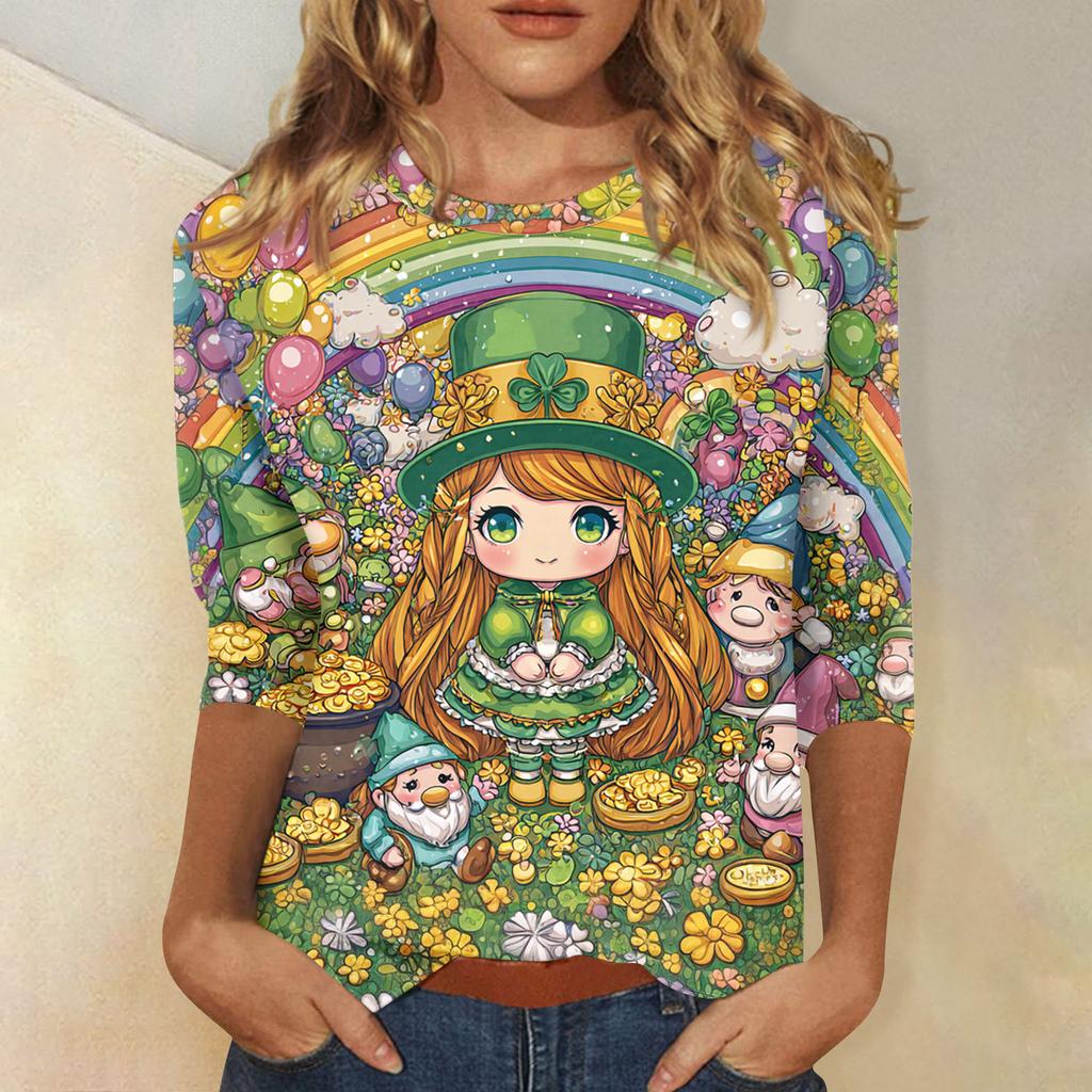 Damenoberteile Dreiviertelarmshirt Rundhalsausschnitt Lockeres Freizeitshirt Druck T-Shirt