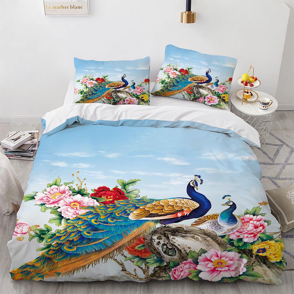 Juego de Funda Nórdica de Pavo Real Microfibra Preciosa Pluma Azul Funda de Edredón Flor Rosa Suave 2/3 Piezas Aves Tema Animal Funda de Edredón
