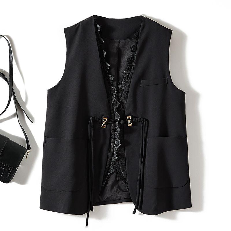 

Penny Level Cotton Blend Spring and Autumn Coat! Capable Workplace White Collar Female Fake Two-Piece Lace Edge Pressing V-neck Hook Vest Black L