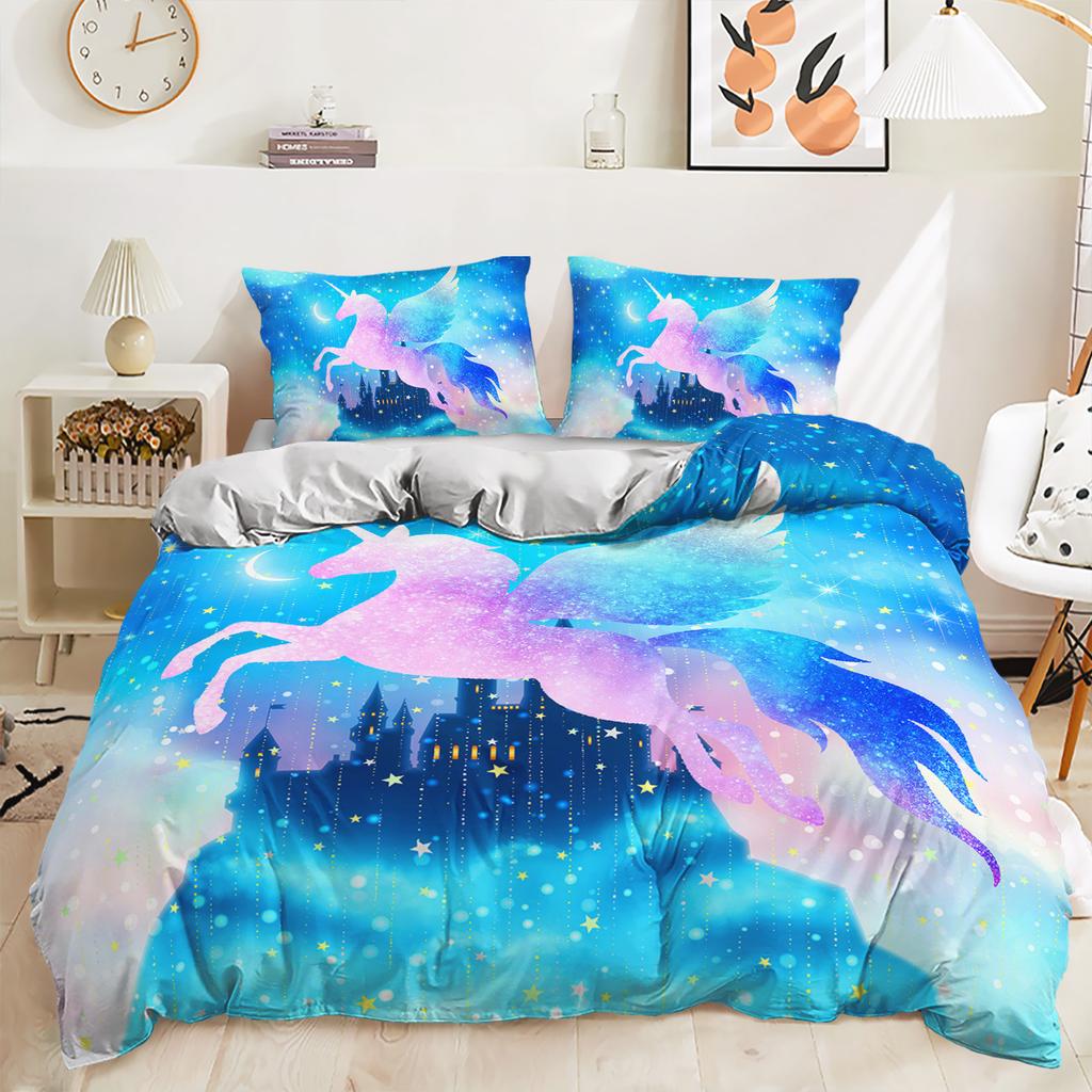 Three-Piece Unicorn Gradual Change Digital Printing Kit Quilt Cover Bedding