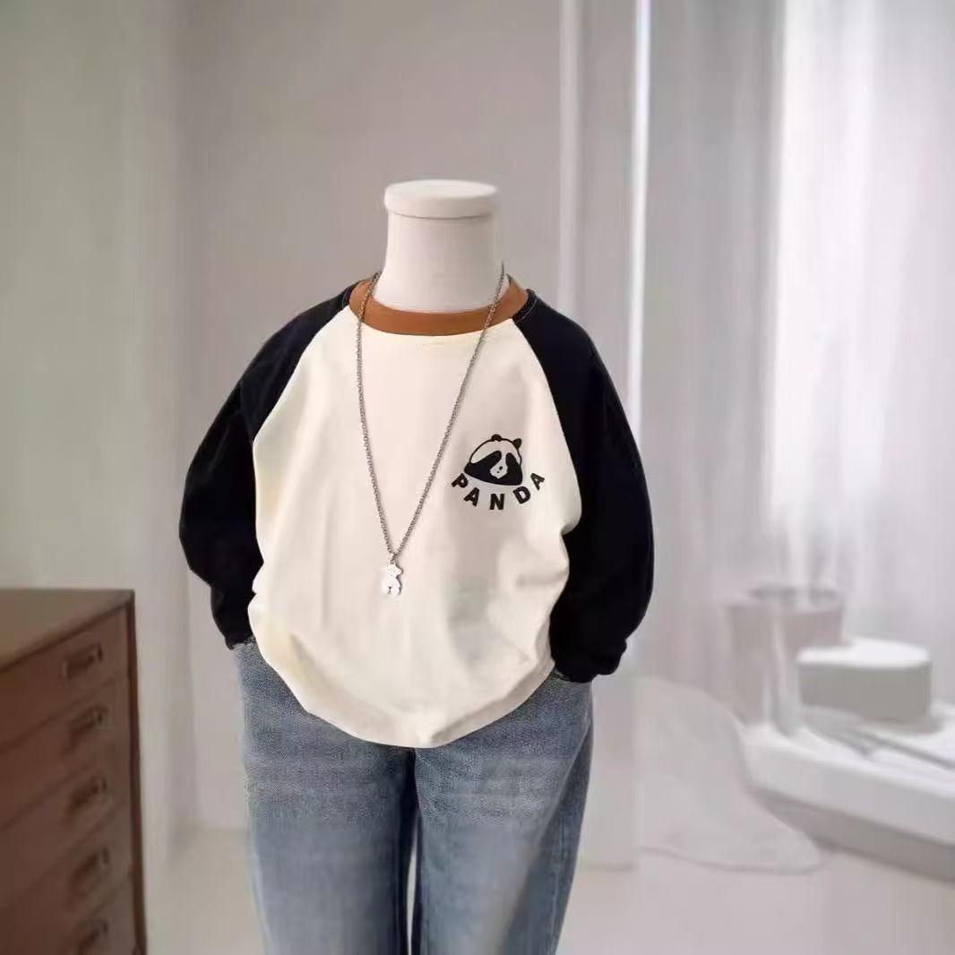 

Детская футболка с пандой на весну/осень 2025 года: Милый корейский колор-блок и принт с буквами 110 cm