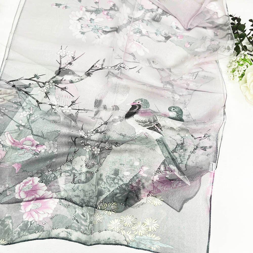 Portable Embroidered Silk Scarf Breathable Sun-Resistant Beach Shawl Silk Smooth Bandana for Women