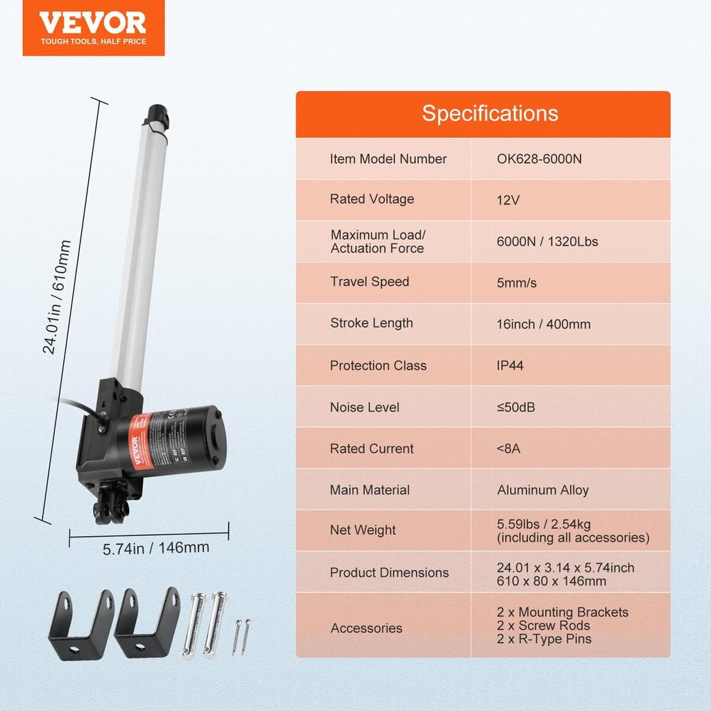Linear Actuator 12V 16In Heavy Duty 1320lbs/6000N 0.19"/s IP44 Protection