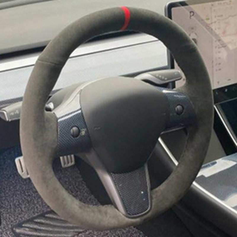 Hand-stitched Anti-Slip Carbon Fiber Suede Braid Car Steering Wheel Cover For Tesla Model S Y Model X Model 3 Car Accessories