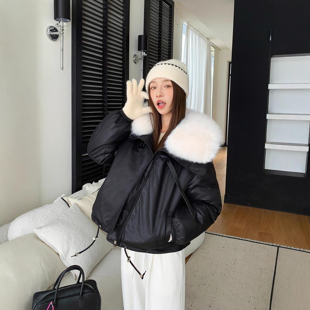Deerskin down big fur collar padded jacket women's short loose pu cotton jacket down cotton jacket down cotton thickened