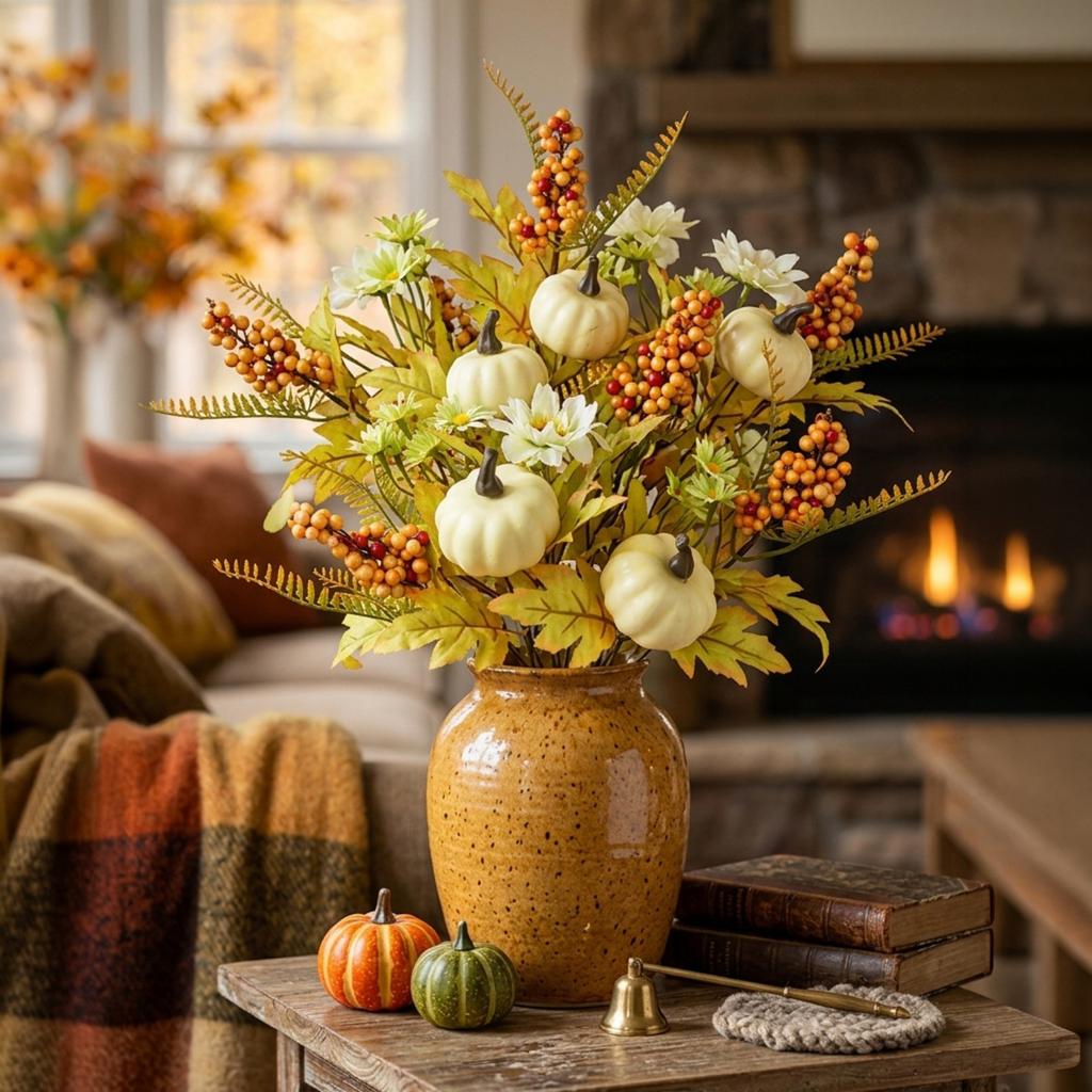 Artificial Berry Pumpkin and Maple Leaf Stem 30cm Halloween Party Decoration Floral Arrangement for Seasonal Home and Event Decor
