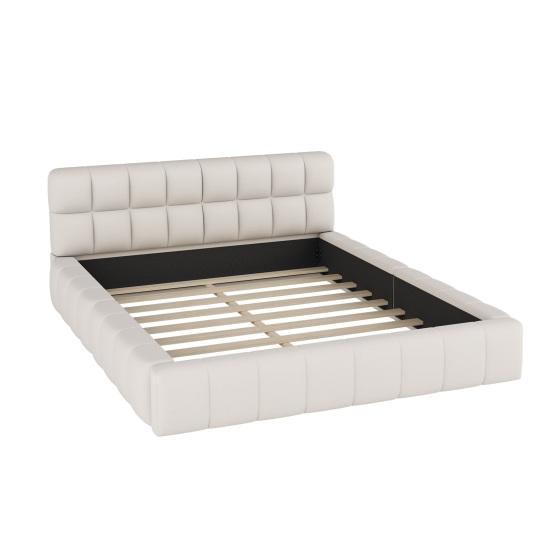 Upholstered Bed 140 x 200cm, Youth Bed, Double Bed with Soft Backrest, Flat Bed with Upholstered Frame, Slatted Frame Linen Beige (Mattress Not